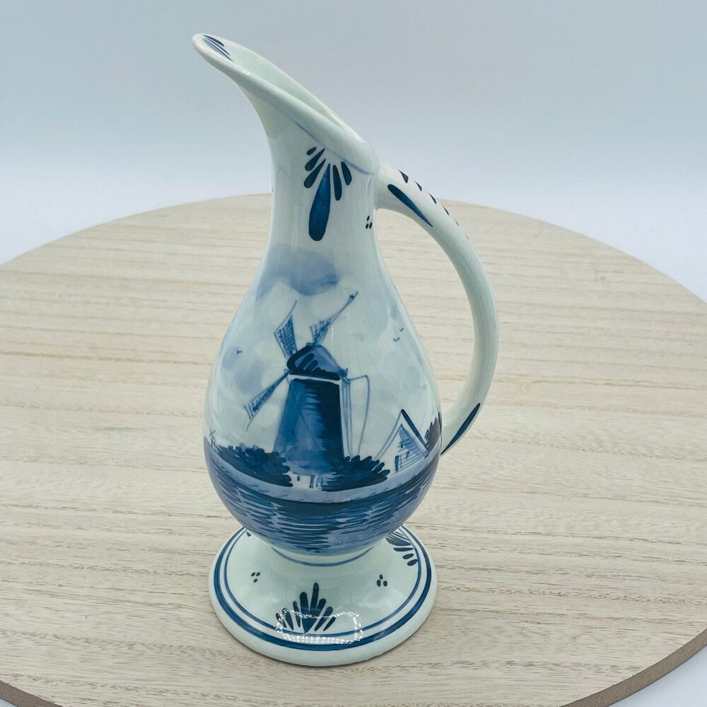 Vintage Delft Blue Hand Painted Slender Bud Vase Pitcher Windmill Holland